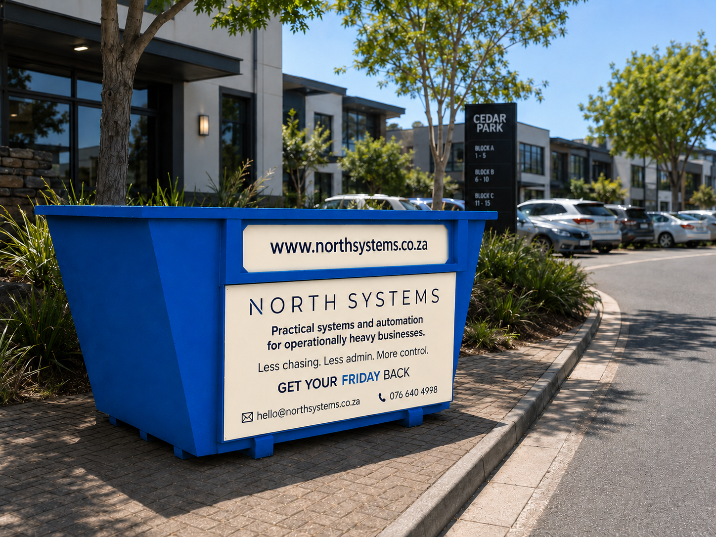 Blue skip carrying North Systems advertising outside a modern office park.