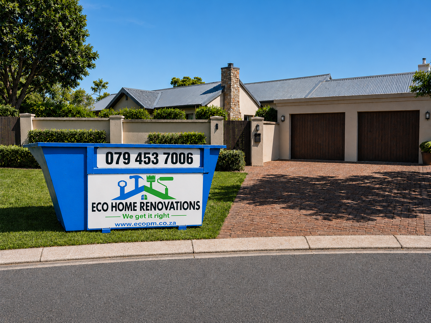 Example of local business advertising displayed on a blue skip in a residential area.